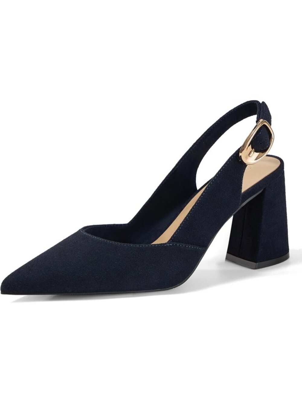 Women's Navy Suede Pointed Toe Slingback Block Heel Adjustable Buckle Pumps